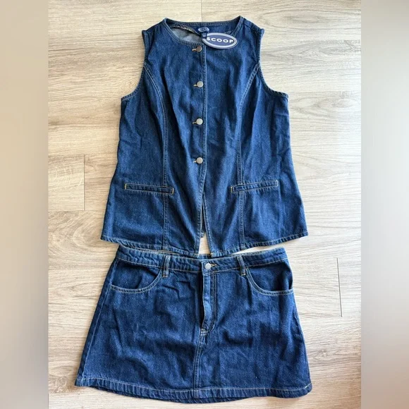 SCOOP Blue Denim Button Skirt and Vest Set - Picture 4 of 8